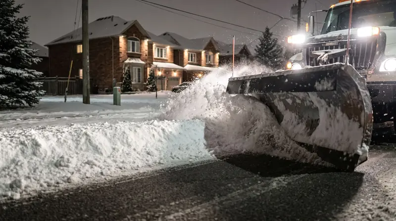 A plow blade pushing a wave of snow along a road at night