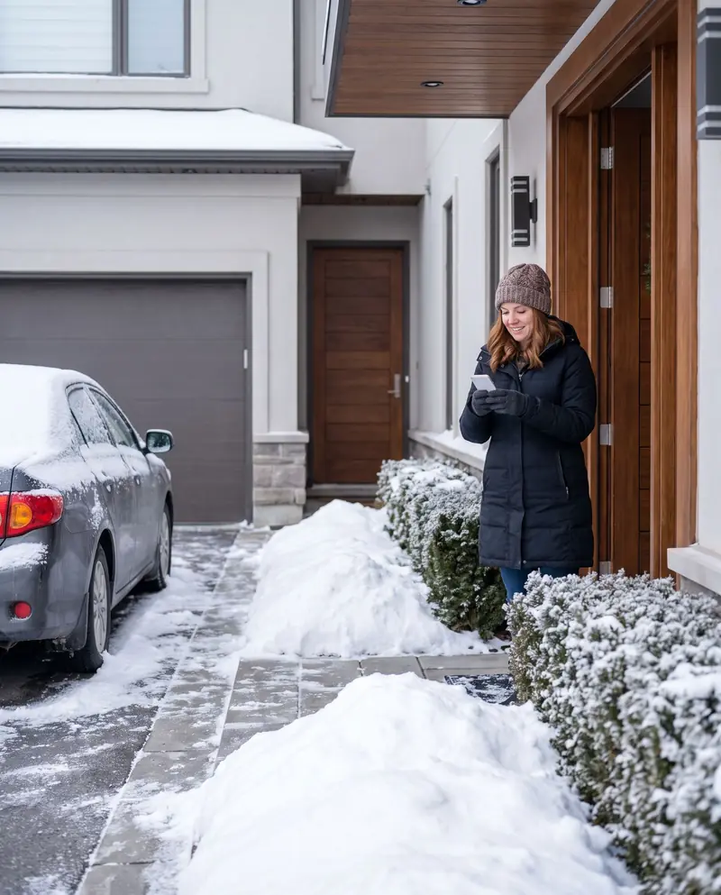 A woman at her front door looking at her phone, her driveway freshly cleared behind her