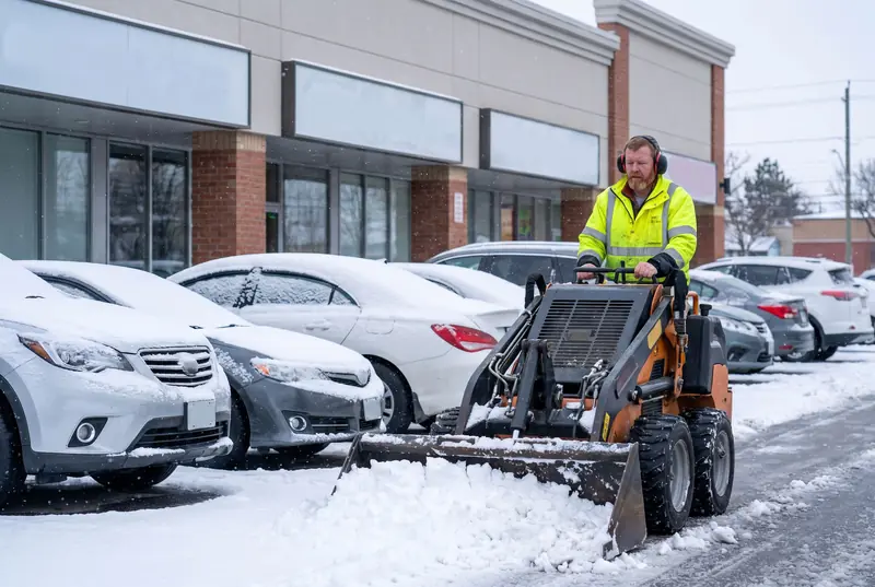 A skid steer clearing snow beside parked cars in a strip-mall lot
