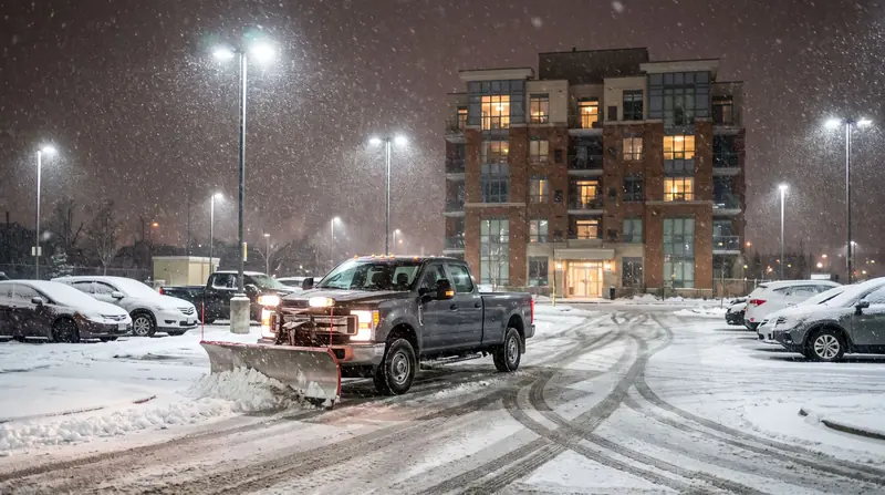 A plow clearing a condo lot at night