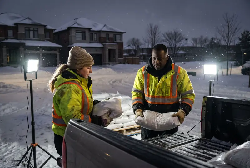 Two crew members loading bags of salt into a pickup at night