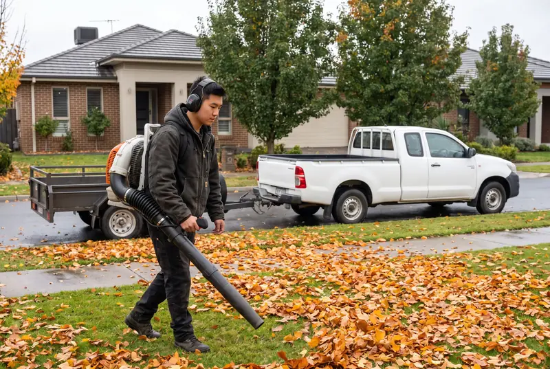 A landscaping crew member clearing autumn leaves with a backpack blower