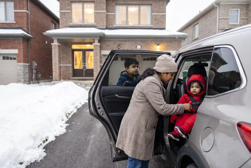 A mother buckling her son into a car on a freshly cleared driveway