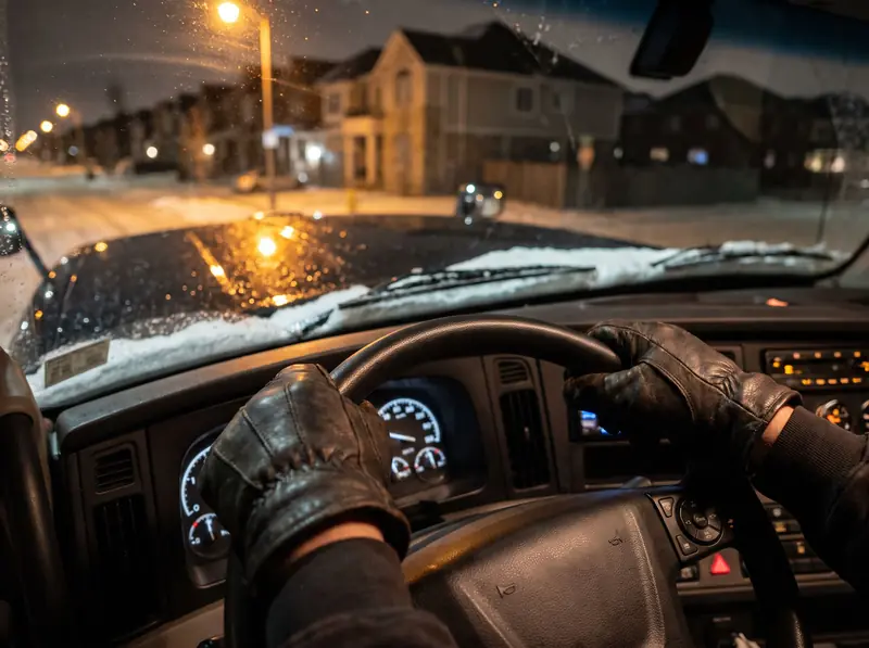 Gloved hands on a truck steering wheel at night