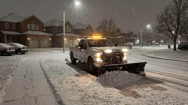 A plow truck clearing a residential street at night
