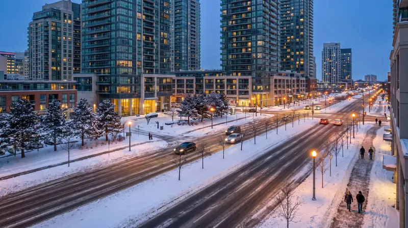 Mississauga city centre towers at blue hour after a snowfall