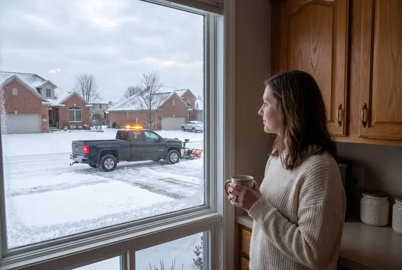 A woman at her kitchen window looking out at a snowy driveway
