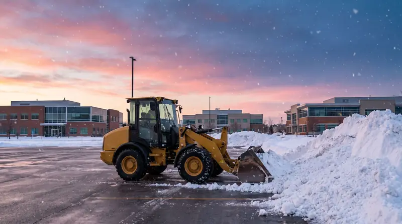 A loader stacking snow in a commercial lot at dawn