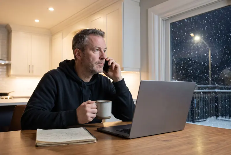 A contractor at his kitchen table before dawn, on the phone with a laptop and a notebook, snow falling outside