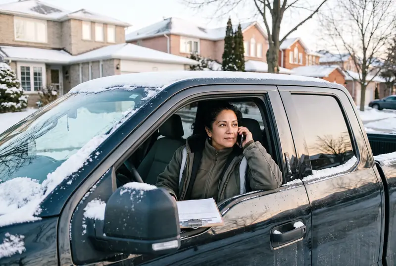 A snow removal business owner on her phone in her pickup at dawn