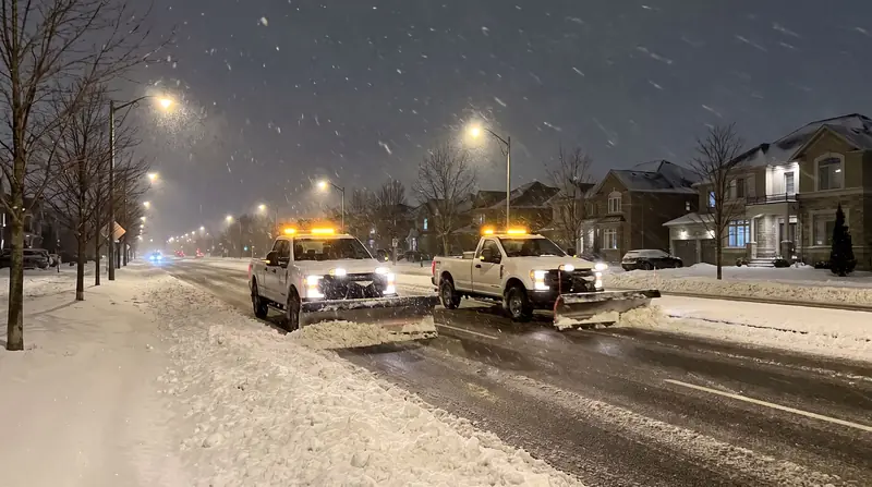 Two plow trucks clearing a wide suburban road at night