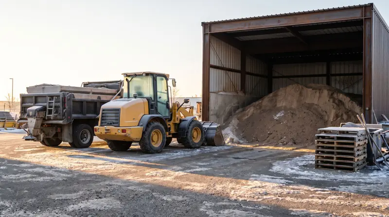 A salt pile under a shelter in a contractor yard at dawn