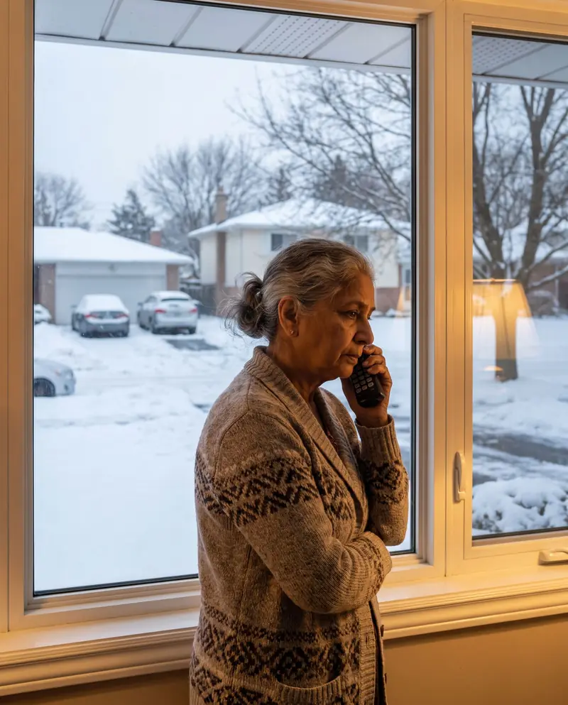 An older woman at her window on the phone, looking out at a snow-covered driveway