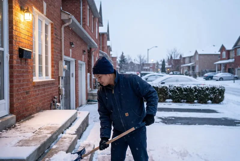 A crew member shovelling the front steps of a townhouse at dawn