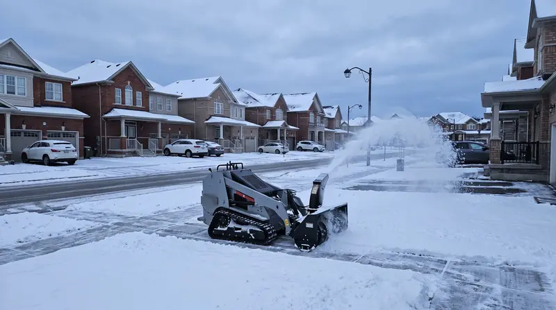 A small sidewalk machine clearing a residential sidewalk