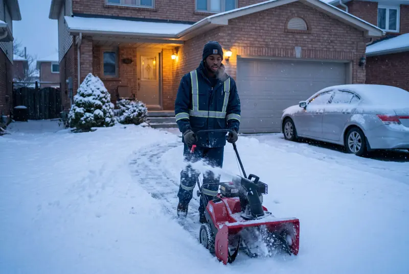 A worker clearing a driveway with a snow blower at dawn