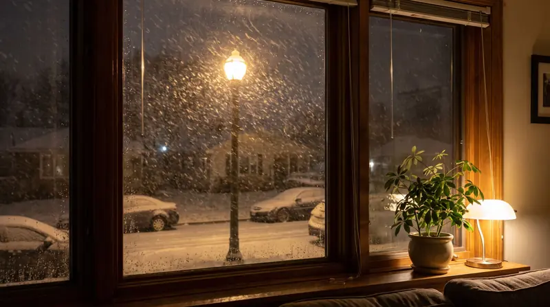 Heavy snow falling past a streetlight, seen from a living room window at night