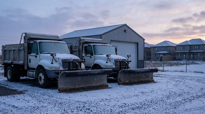 Two plow trucks with raised blades parked in a snowy yard at first light